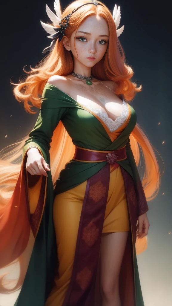 Young princess, striking figure, long flowing ginger hair, wavy hairs, fair skin, freckles, kolito, innocent and regal appearance, expressive green eyes are filled with a mix of curiosity and determination, her slender frame, elegant grace, vibrant orange kimono with white and black decorations, very long ((sleeves past fingers)), sleeves past wrists, cleavage, feather headdress