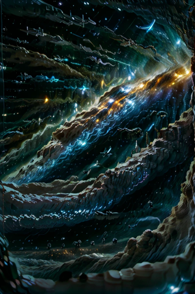 a line of starships coming out of a wormhole in flashes of light with a planet in the background, masterpiece, photo realistic hyperspace jump, epic fleet arrival, best