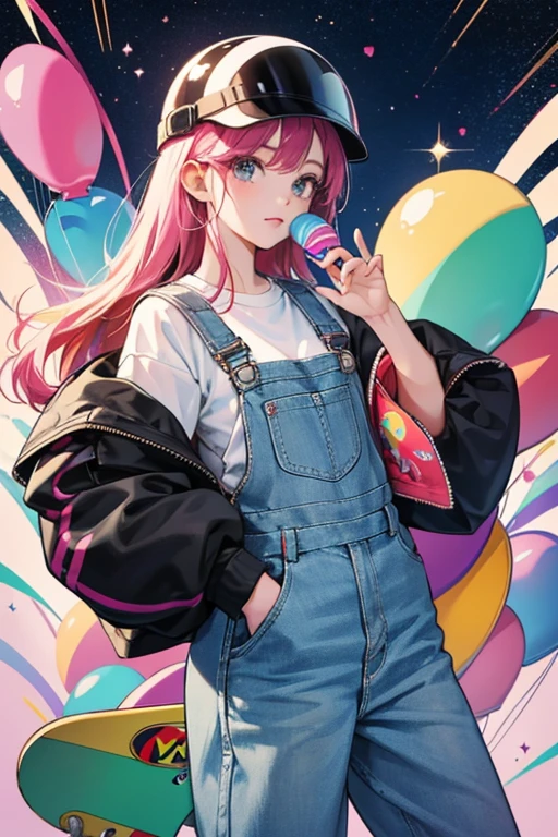 Her outfit is based on Airheads. sHe holds a small Airhead balloon. sHe wears a helmet and comes with a skateboard. sHe has overalls over a black and white sweatshirt. SPARKLE; GLITTER