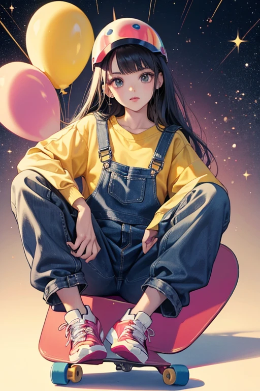  Her outfit is based on Airheads. sHe holds a small Airhead balloon. sHe wears a helmet and comes with a skateboard. sHe has overalls over a black and white sweatshirt. SPARKLE; GLITTER