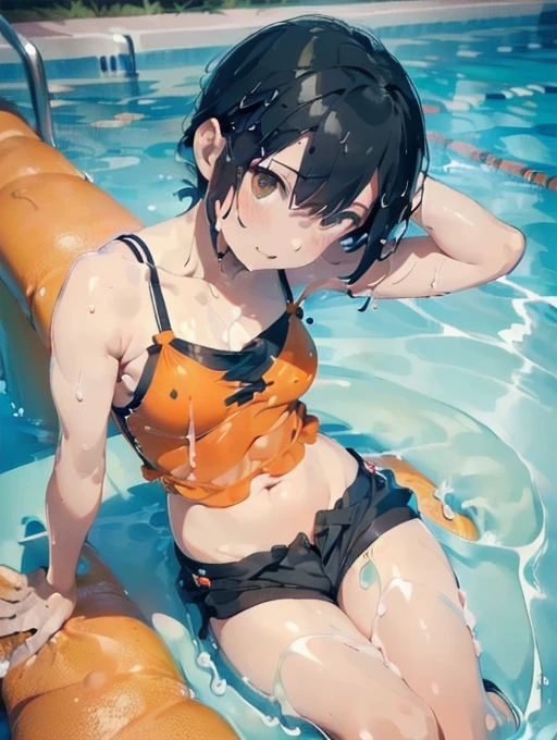 (Soaked with slimy liquid:1.5),Orange swimsuit(((Orange camisole)),Navy blue piping),(Navy blue shorts),Black Hair,(A pool of slimy liquid:1.2),(Leaning forward pose:1.6),