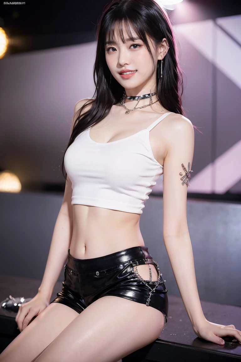 (8K), (highest quality: 1.2), (Realistic), (Realistic: 1.37), Ultra-high resolution, 1 girl, cute, (Embarrassed smile:1.2), (Blushing:1.4),Mouth closed, Beautiful details, Beautiful Nose, white gold long hair, giant dulcefo, Thighs,Navel exposed,White tank top,Black leather tiny hot pants,Black long boots,Dancing,(Shiny Thighs:1.2),Beautiful white skin,(punk fashion:1.5)