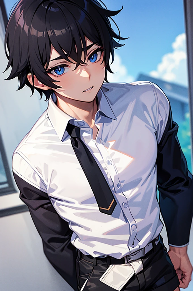 Detailed black hair boy, detailed blue eyes, muscular, sexy,wearing white shirt and short shorts 