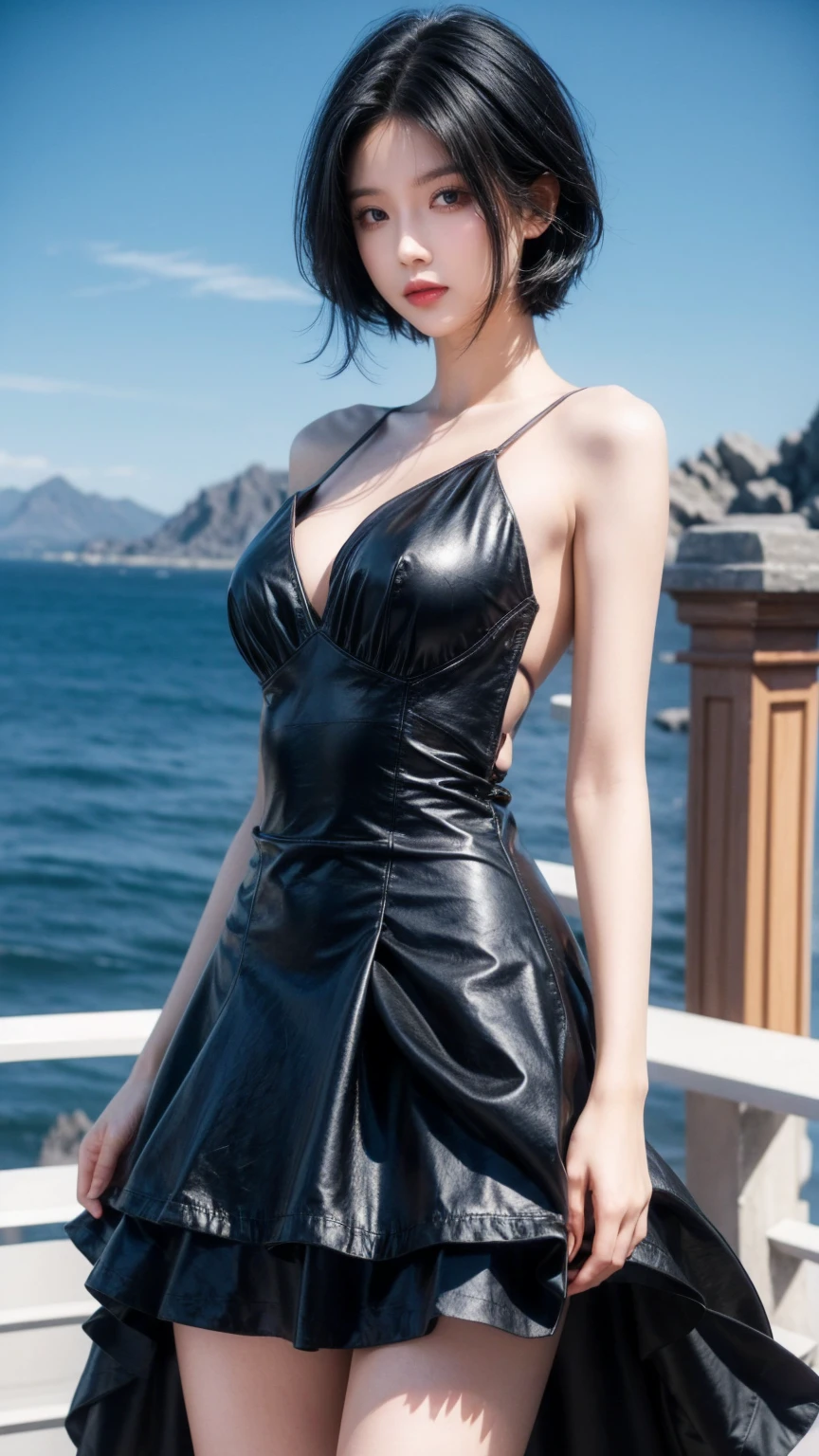 best quality, 1 Girl, dark blue hair, black eyes, Very short hair, Spiky hair, wears sweet dark red dress body slim luxury,A cropped dress, 171 cm, Messy hair, Hair between the eyes, Tomboy, aldult, 20 years old, A sweet girl by the mountain
