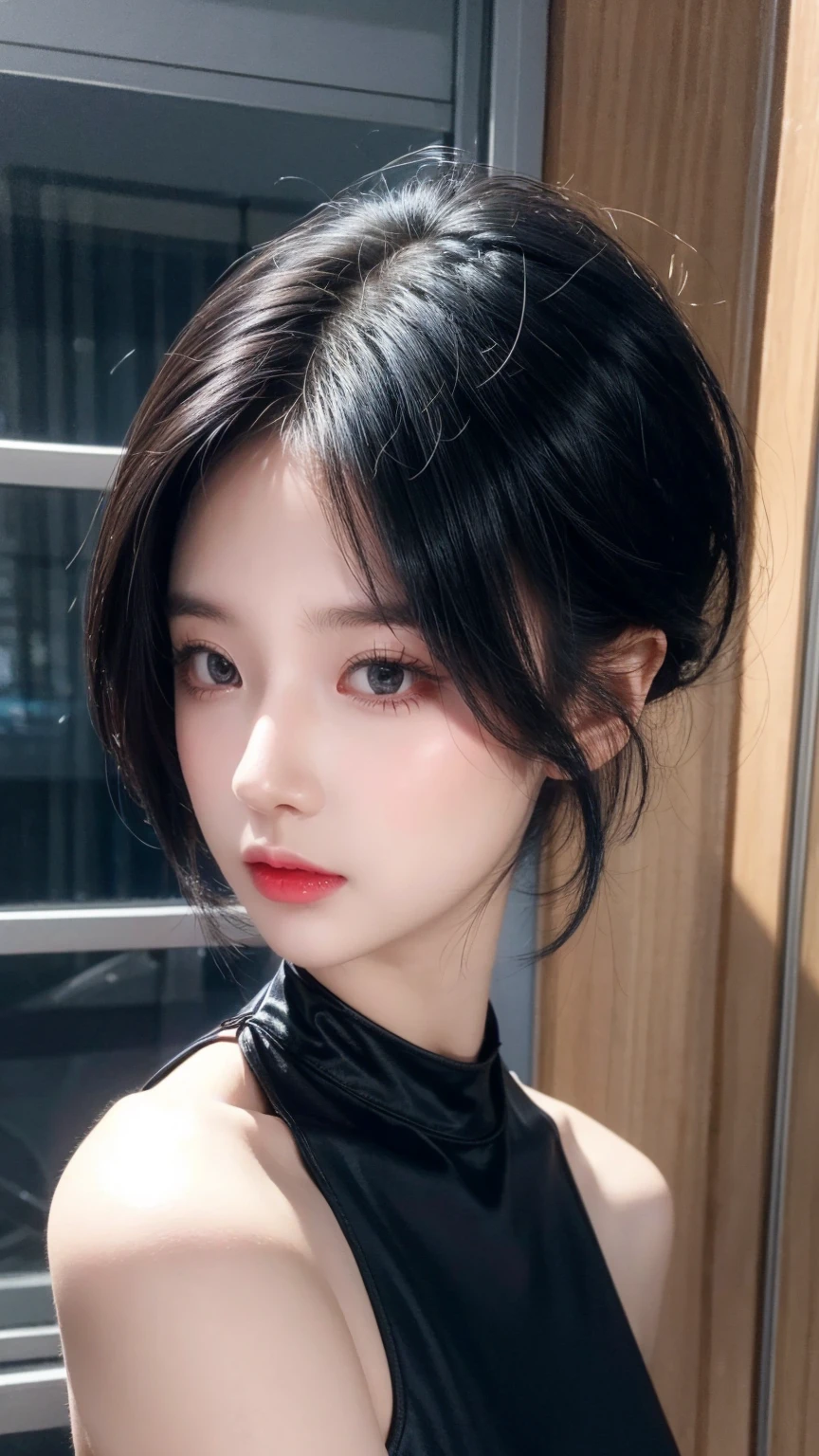 best quality, 1 Girl, dark blue hair, black eyes, Very short hair, Spiky hair, wears sweet dark red dress body slim luxury,A cropped dress, 171 cm, Messy hair, Hair between the eyes, Tomboy, aldult, 20 years old, A sweet girl by the mountain