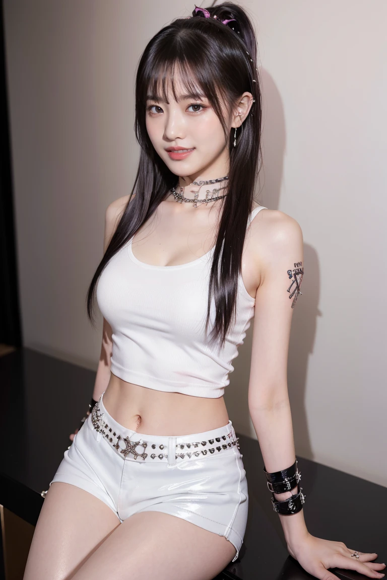 (8K), (highest quality: 1.2), (Realistic), (Realistic: 1.37), Ultra-high resolution, 1 girl, cute, (Embarrassed smile:1.2), (Blushing:1.4),Mouth closed, Beautiful details, Beautiful Nose, white gold long hair, giant dulcefo, Thighs,Navel exposed,White tank top,Black leather hot pants,Black long boots,Dancing,(Shiny Thighs:1.2),Beautiful white skin,(punk fashion:1.5)
