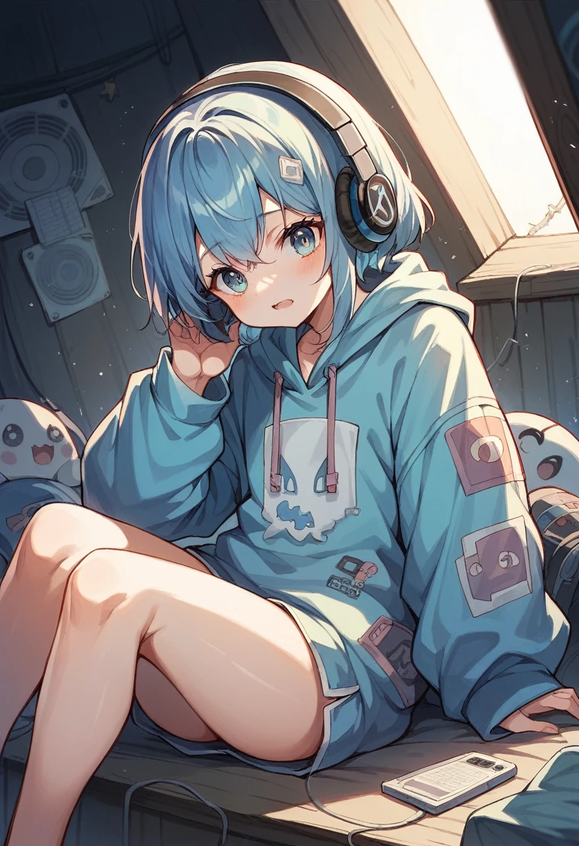 night、Girl listening to music in a cozy room, Use headphones, 2D Style Anime, Lo-Fi, hard disk, Dark Environment