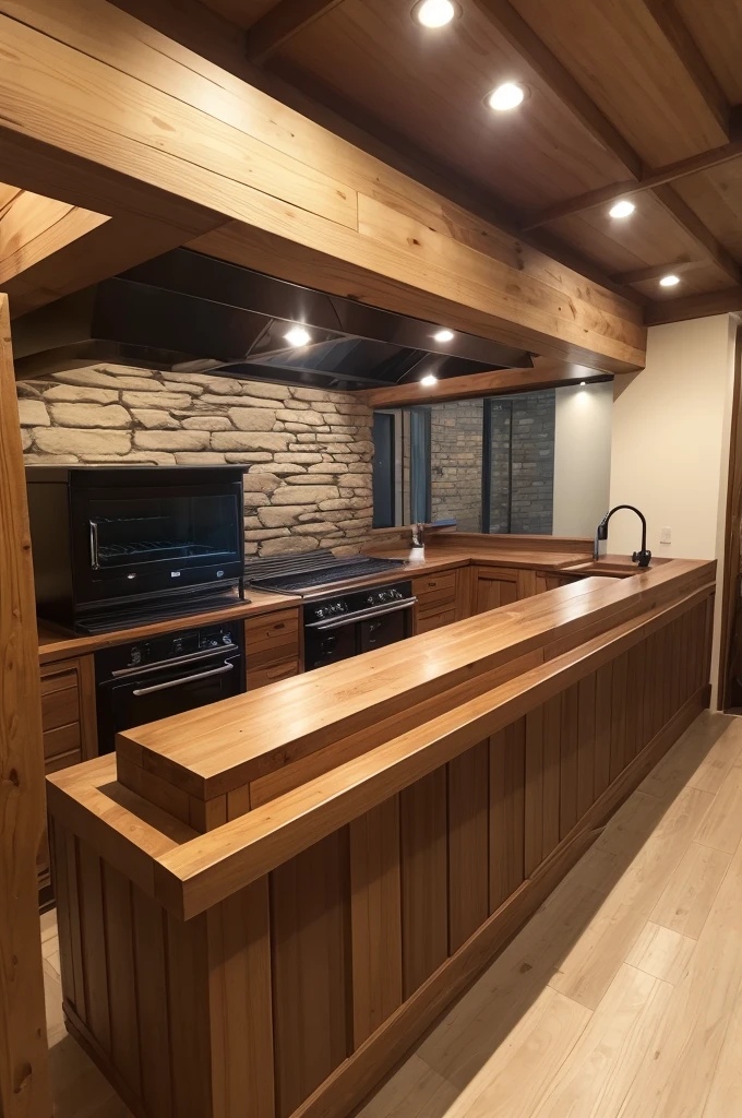 Large L-shaped masonry barbecue, for restaurant, with oven for gaucho ribs, with masonry service counter with wooden top and scale