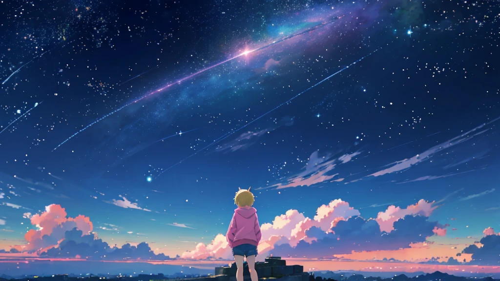 Pink hoodie、Beautiful sky anime scene with stars and planets, Space Sky. by Makoto Shinkai, anime art wallpaper 4k, anime art wallpaper 4k, Anime Art Wallpapers 8K, anime wallpaper 4k, anime wallpaper 4k, 4k anime wallpaper, Anime Sky, Awesome Wallpapers, Anime Background, Heavenly planets in the background, Anime Background art no humans landscape、Blonde、Shortcuts、Pink hoodie、Denim shorts、Black sneakers、Cat ear