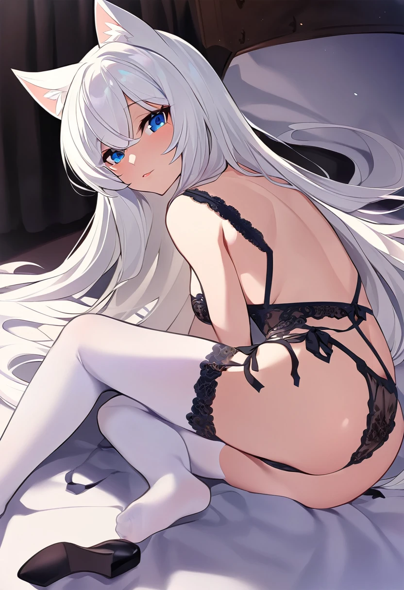 Hot cat girl with long white hair, dark blue eyes, small and medium ass, wearing lingerie.