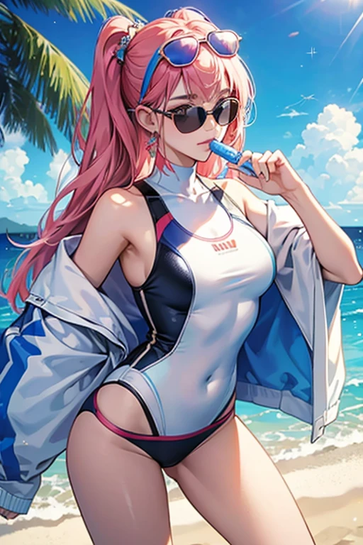 Her outfit is based on Mentos. She wears a swimsuit and sunglasses. SPARKLE; GLITTER