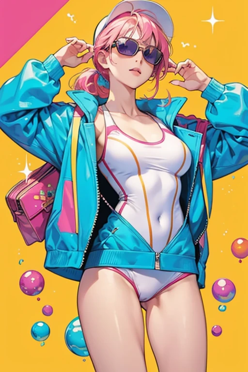 Her outfit is based on Mentos. She wears a swimsuit and sunglasses. SPARKLE; GLITTER