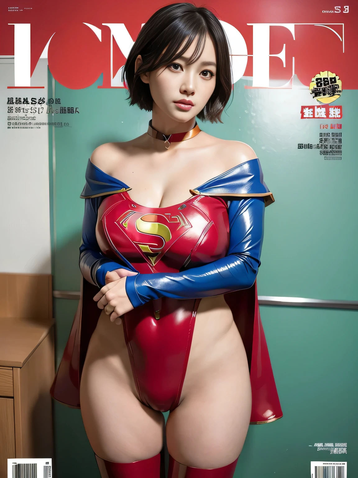 masterpiece、Enamel Supergirl Costume、short hair、Patent leather boots、Big and ample breasts、looking at the camera、choker、Long sleeve、Off the shoulder、mini skirt、Red cloak、Sweaty skin、Hospital room、Photo magazine cover、Thighs、