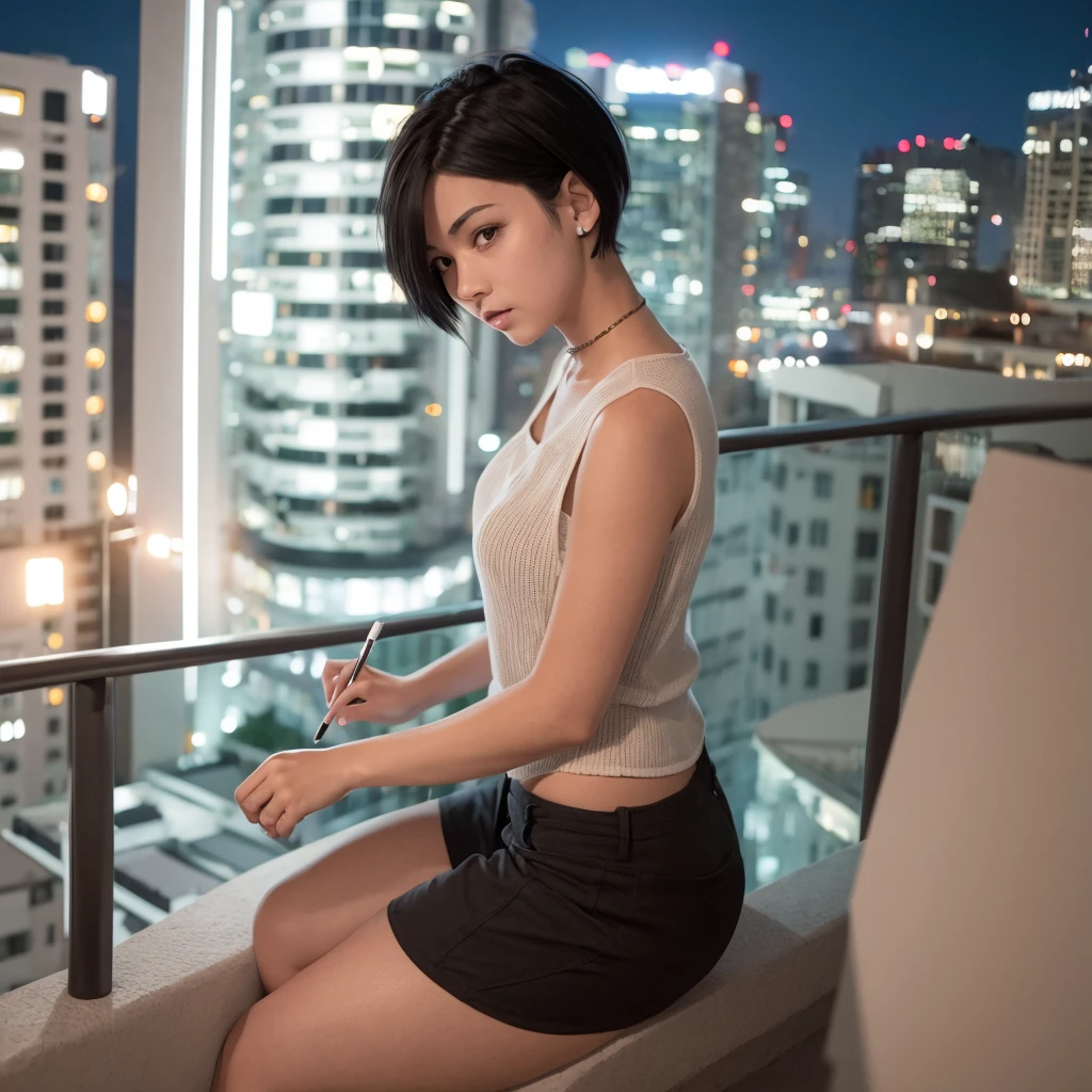 Girl with medium short black hair. At night on a balcony while smoking