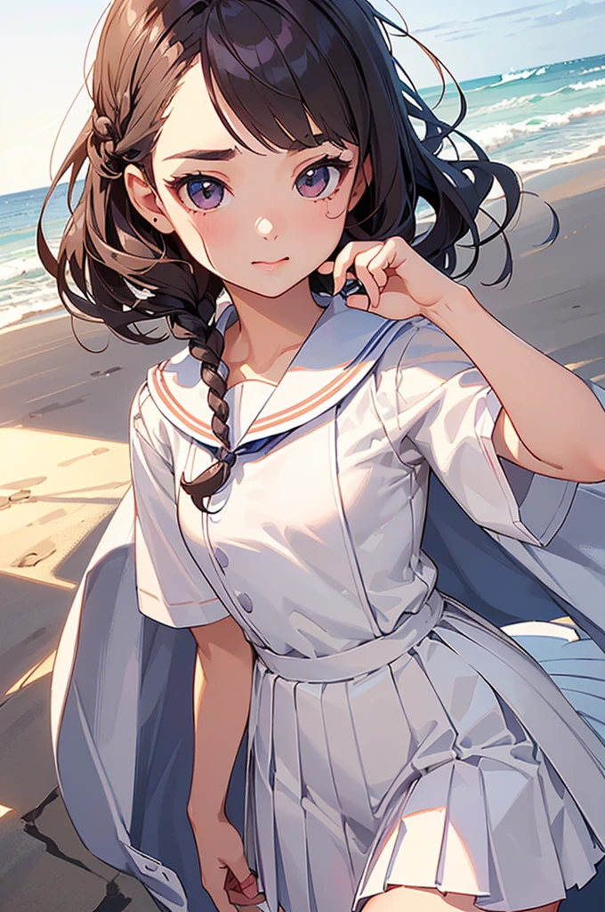 Highest quality、High resolution、Detailed Background、(beautiful face in every detail:1.4)、Anatomically correct、(Draw the normal number of fingers:1.2)、(Detailed facial expressions)、(Fine grain:1.2)、(Fine grain:1.2)、beautiful, Smooth Skin、Teenage Beauty、(Highly detailed face:1.4)、Cute hair colors、ponytail、Bobcut、Braided long hair、Wavy Hairstyle、well-groomed eyebrows、Cute Eye Makeup、Cute Lip Makeup、Short-sleeved white sailor suit、White sailor collar、Checkered Pleated Skirt、Jokingly、Do cute things、Sunny sea background、Walking barefoot on the sand、Big smile、sexual expression、Fits on one screen、
(友達と楽しんでいる3人のbeautiful女の子:1.5)