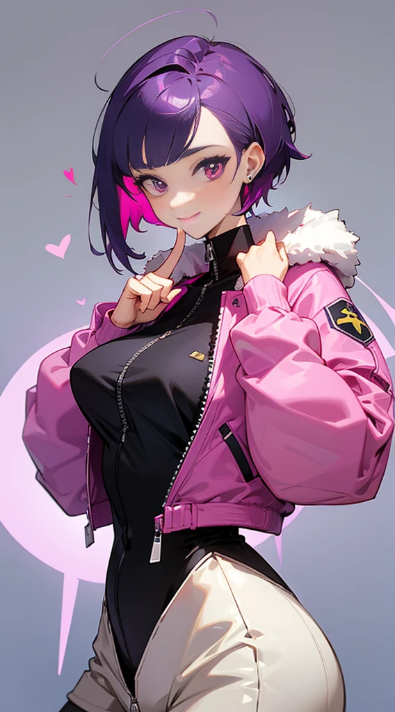 Top Quality, 8K, 4K, High Definition, Detail, (better-quality, 8K, 12), top-quality, 1 girl、only showing her face, she has purple hair, wearing a yellow pin on her right side of her hair, she has her hands together, she looking at you, she is smiling at you, medium breast, her jacket color dark gray with a pink zipper, pink eyes, showing her face and chesat, short hair long as her neck, (only showing half of her body) her jacket is loose. she is wearing earing only right ear shaped has a heart, she has her hand up making a pose, get closer to see up close of her face, she making a pose, she making pose her finger