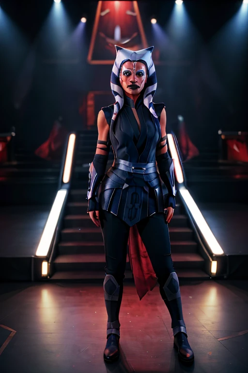 8k,highres,absurdres,masterpiece,best quality,original,extremely detailed CG,extremely detailed wallpaper,perfect lighting, 1girl,solo,blurry_background,looking_at_viewer,standing on the stage, dark ahsoka, sith ahsoka tano,mandalorian armor, red/black fulcrum clothes,late red/black sthoutfit clothes,
