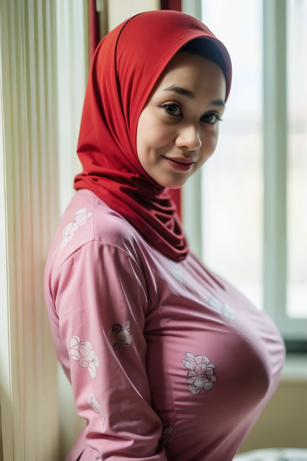 (Oldlady:1.8), Chubby adorable, 1 girl, (face to face), 10 years old, baby face, happy, half body portrait, (face details: 1), (eye details: 1), ((big breasts)). wearing transparent transparency soft soft long shirt, hijab, .. Cute posed. proportional body. Ultra High Res. realistic: 1.4, UHD, (floral pattern), view from side seductive pose 