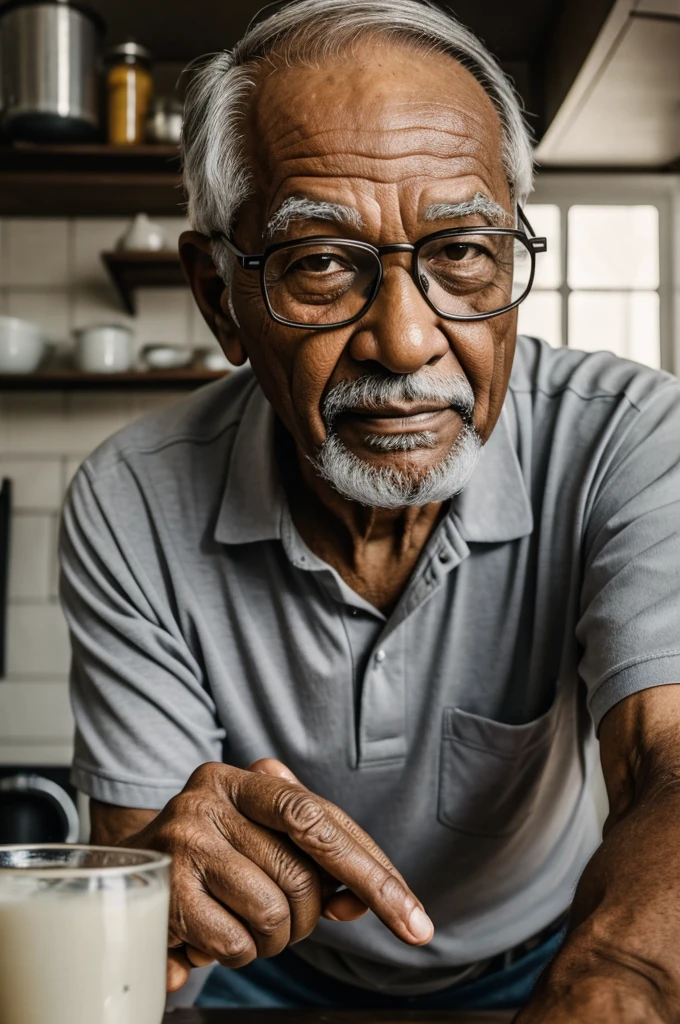 ((best quality)) ((masterpiece)) ((detailed)) elderly man, male, black, a tiny bit of gray hair, brown eyes, glasses, selfie like, kitchen 