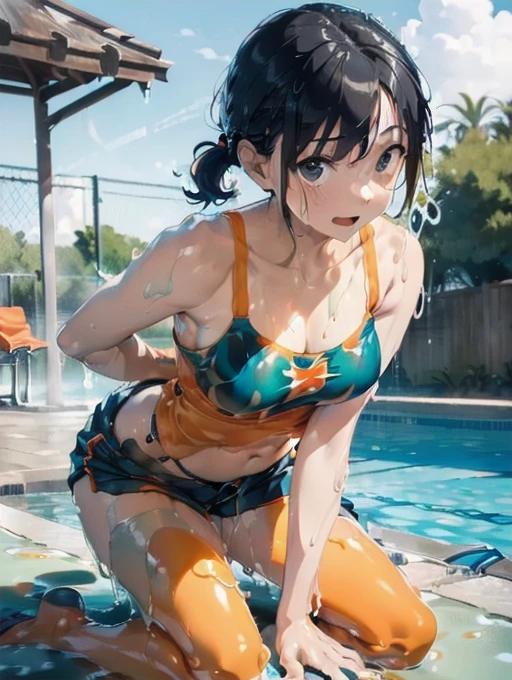 (Soaked with slimy liquid:1.5),Orange swimsuit(((Orange camisole)),Navy blue piping),(Navy blue shorts),Black Hair,(A pool of slimy liquid:1.2),(Leaning forward pose:1.6),