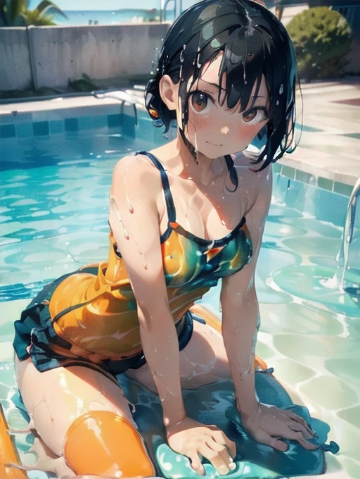 (Soaked with slimy liquid:1.5),Orange swimsuit(((Orange camisole)),Navy blue piping),(Navy blue shorts),Black Hair,(A pool of slimy liquid:1.2),(Leaning forward pose:1.6),