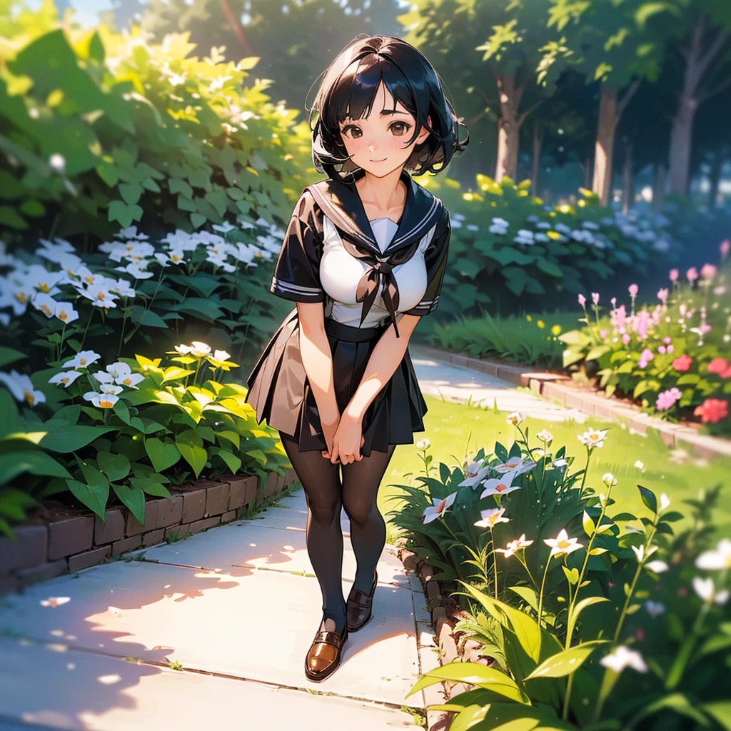 (Highest quality, High resolution, Super detailed, Realistic:1.37), Peaceful atmosphere, (Outdoor, garden), Teenage girl standing alone,(my breasts are big.),Beautifully detailed features, Cute Smile, ((Black bob hair)),Short-sleeved sailor uniform, Pleated skirt,Black tights,Brown leather shoes.