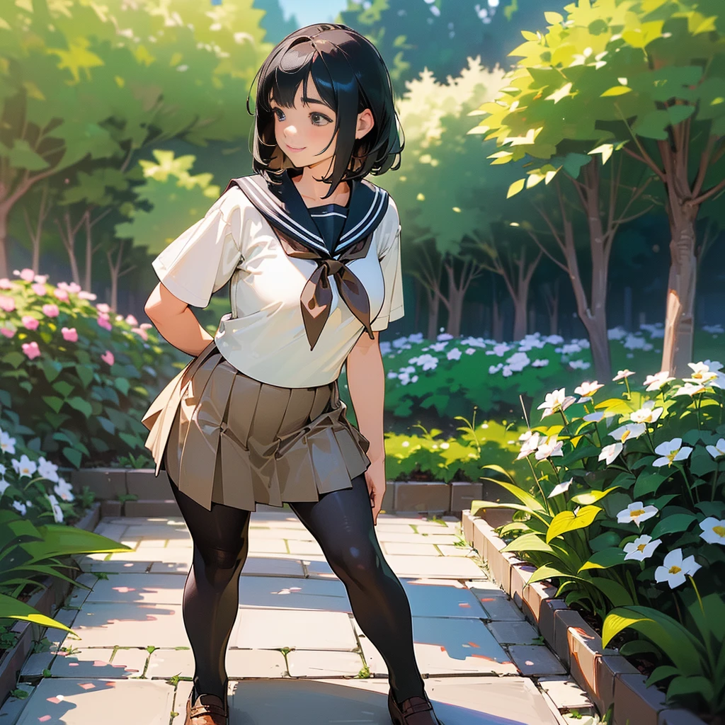 (Highest quality, High resolution, Super detailed, Realistic:1.37), Peaceful atmosphere, (Outdoor, garden), age girl standing alone,(my breasts are big.),Beautifully detailed features, Cute Smile, ((Black bob hair)),Short-sleeved sailor uniform, Pleated skirt,Black tights,Brown leather shoes.