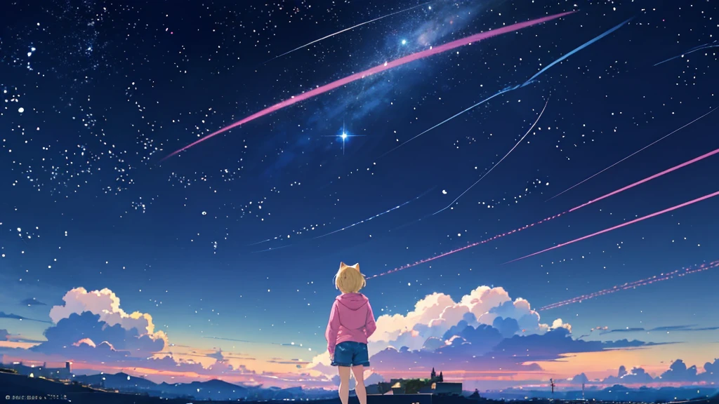 Pink hoodie、Beautiful sky anime scene with stars and planets, Space Sky. by Makoto Shinkai, anime art wallpaper 4k, anime art wallpaper 4k, Anime Art Wallpapers 8K, anime wallpaper 4k, anime wallpaper 4k, 4k anime wallpaper, Anime Sky, Awesome Wallpapers, Anime Background, Heavenly planets in the background, Anime Background art no humans landscape、Blonde、Shortcuts、Pink hoodie、Denim shorts、Black sneakers、Cat ear