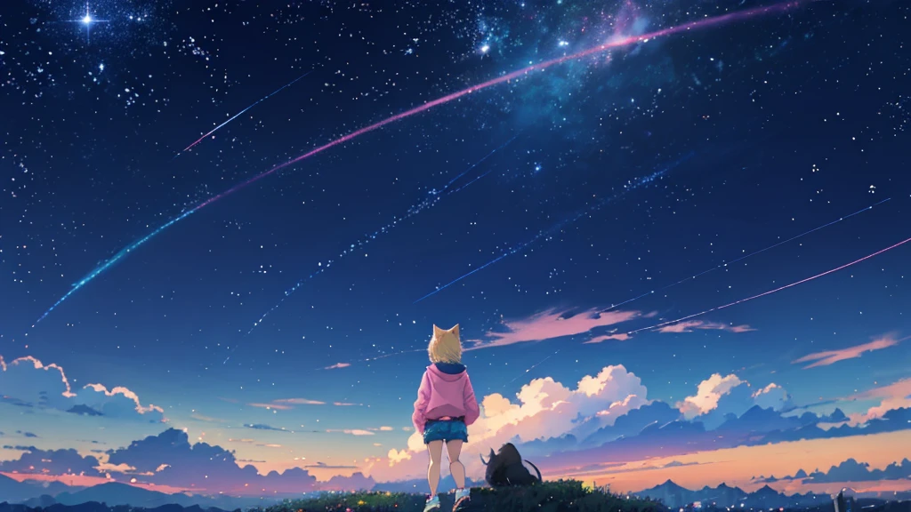 Pink hoodie、Beautiful sky anime scene with stars and planets, Space Sky. by Makoto Shinkai, anime art wallpaper 4k, anime art wallpaper 4k, Anime Art Wallpapers 8K, anime wallpaper 4k, anime wallpaper 4k, 4k anime wallpaper, Anime Sky, Awesome Wallpapers, Anime Background, Heavenly planets in the background, Anime Background art no humans landscape、Blonde、Shortcuts、Pink hoodie、Denim shorts、Black sneakers、Cat ear