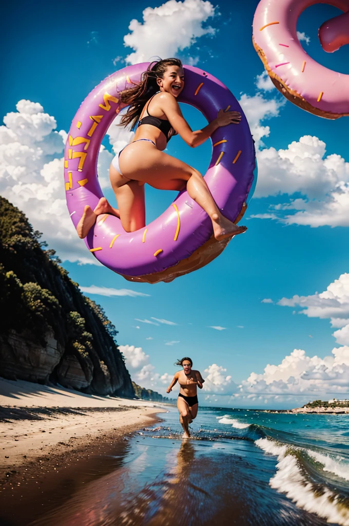 masterpiece, best quality, Surreal, Ultra Detailed, 8k resolution, RAW photos, Clear focus, Friends having fun，Run to the beach with an inflatable donut