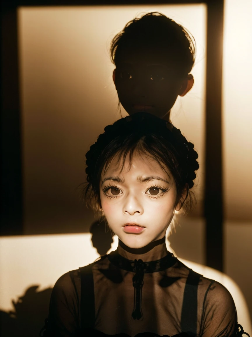 photo realistic, photo realistic, masterpiece, ultra high res, 8k, best quality, detailed shadow, amazing, sharp detail, sharp focus, (((Silhouette Lighting:1.5))), (((detailed and structured patterns))), 
BREAK
1girl, (((big round eyes:1.3))), (((tareme:1.1))), (((afraid:1.2))), (((open mouth:1.2))), (looking up), (looking away), (random hairstyle), ((random face)), (((childlike face:1.2))), (bangs), (((very cute maid outfit:1.1))), (((Inside a dark Western-style building:1.2))), (((indoor))),