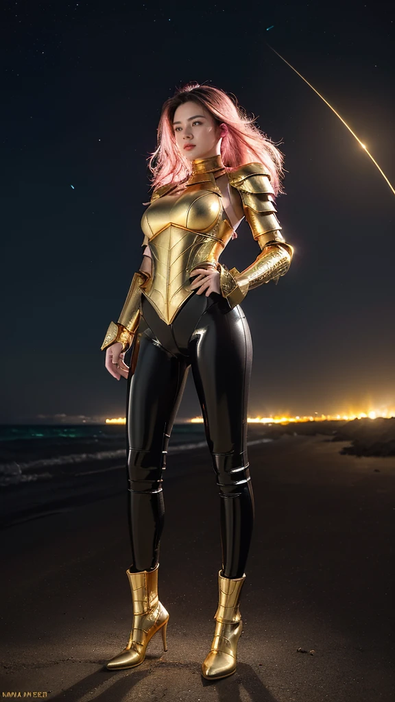 ((best quality)), ((masterpiece)), (ultra detailed lights), ((full body:1.3)), ((skinny body)), 1girl, extremely beautiful, ((slim body)), thighs gap, ultra face details, 20 years old, ((pink curvy-hair)), ((hair blown by strong winds :1.3)), Award-winning photograph, ((symmetrical pose)), ((full body golden black armor)), posing in the middle, intricate details, ((thight golden armour)), ((extremely details armor)), ((tight latex pants)), ((24k-gold armor)), ((edge luminous armor)), cameltoe, luminescent, epic lights reflections, at beach, full of stars, orange clouds, nebula sky, epic aurora borealis in the background, shooting stars, ((from below))