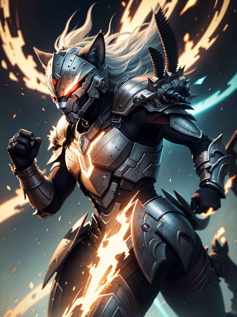 Warrior in futuristic armor with energy claws and wolf mask.