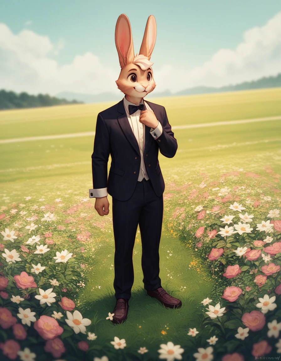 a rabbit wearing a tuxedo standing on a field of flowers, cute anthropomorphic bunny, electrixbunny, 4k, uhd, masterpiece