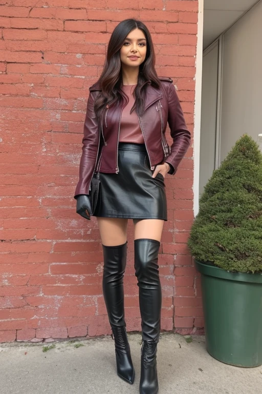 In a burgundy leather jacket and black skirt, full height, photo