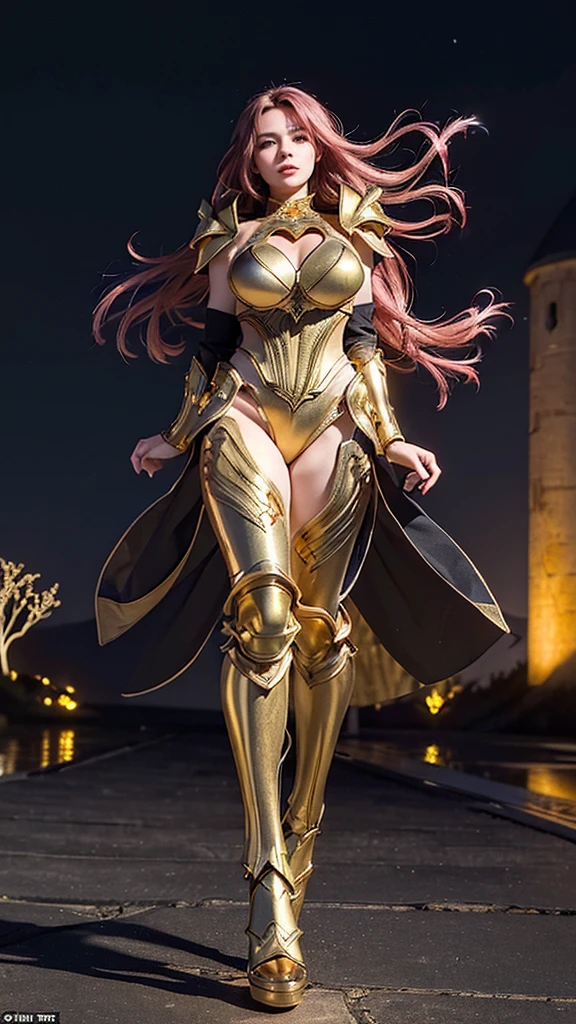 ((best quality)), ((masterpiece)), (ultra detailed lights), ((full body:1.3)), ((skinny body)), 1girl, extremely beautiful, ((slim body)), thighs gap, ultra face details, 20 years old, ((pink curvy-hair)), ((hair blown by strong winds :1.3)), Award-winning photograph, ((symmetrical pose)), ((full body golden black armor)), posing in the middle, intricate details, ((thight golden armour)), ((extremely details armor)), ((tight latex pants)), ((24k-gold armor)), ((edge luminous armor)), cameltoe, luminescent, epic lights reflections, at beach, full of stars, orange clouds, nebula sky, epic aurora borealis in the background, shooting stars, ((from below))