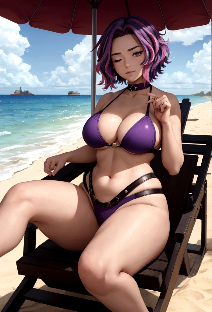 boku no hero academia, lady nagant,1girl short hair purple hair multicolored hair purple eyes purple dress belt,Lady Nagant, a powerful villainess from the League of Villains in My Hero Academia, decides to take a break from her nefarious activities and enjoy some sunbathing time on the beach. She dons a skimpy black bikini that perfectly accentuates her curvy figure and long legs. As she lays down on her chaise longue underneath a large umbrella, her eyes closed peacefully while soaking up the rays. Her blonde hair cascades over one side of her face, adding to her allure. Despite being surrounded by innocent civilians enjoying their day at the shore, nobody seems to notice or recognize this dangerous woman due to clever disguises and concealment techniques mastered by members of the league.