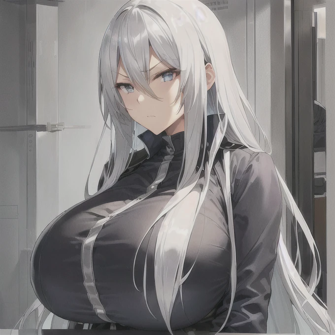 Silver Hair、(((Huge Breasts)))、Long Hair、Glare、Cold look