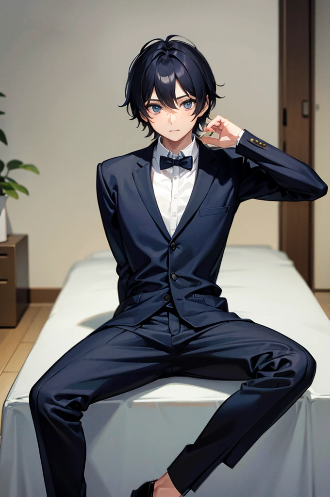Detailed black hair boy, detailed blue eyes, wearing , seated