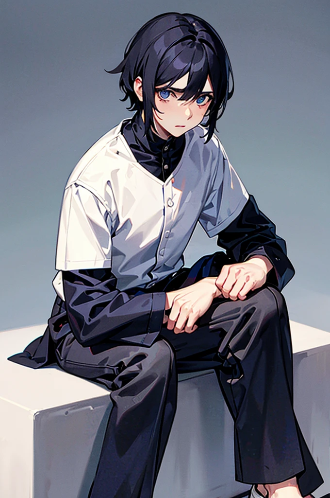 Detailed black hair boy, detailed blue eyes, wearing , seated