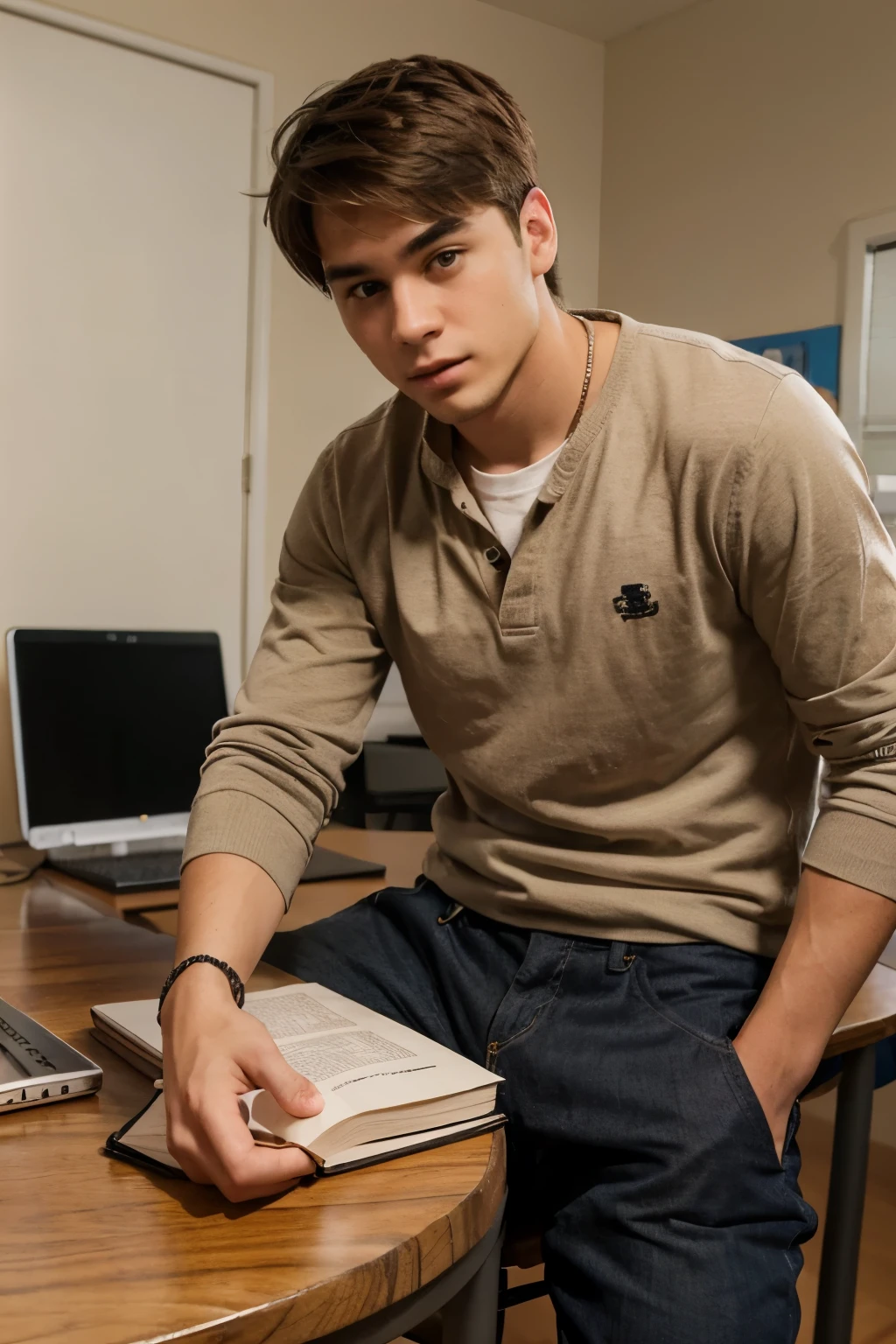 adult male student in college, on the table books, wearing current clothes -- realistic image -- Full HD