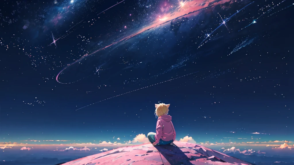 Pink hoodie、Beautiful sky anime scene with stars and planets, Space Sky. by Makoto Shinkai, anime art wallpaper 4k, anime art wallpaper 4k, Anime Art Wallpapers 8K, anime wallpaper 4k, anime wallpaper 4k, 4k anime wallpaper, Anime Sky, Awesome Wallpapers, Anime Background, Heavenly planets in the background, Anime Background art no humans landscape、Blonde、Shortcuts、Pink hoodie、Denim shorts、Black sneakers、Cat ear