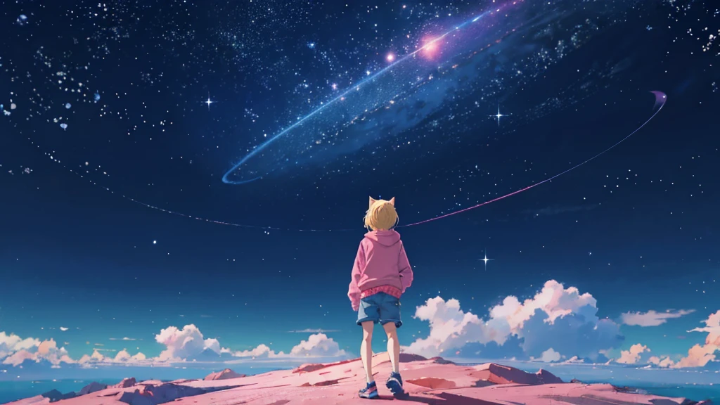 Pink hoodie、Beautiful sky anime scene with stars and planets, Space Sky. by Makoto Shinkai, anime art wallpaper 4k, anime art wallpaper 4k, Anime Art Wallpapers 8K, anime wallpaper 4k, anime wallpaper 4k, 4k anime wallpaper, Anime Sky, Awesome Wallpapers, Anime Background, Heavenly planets in the background, Anime Background art no humans landscape、Blonde、Shortcuts、Pink hoodie、Denim shorts、Black sneakers、Cat ear