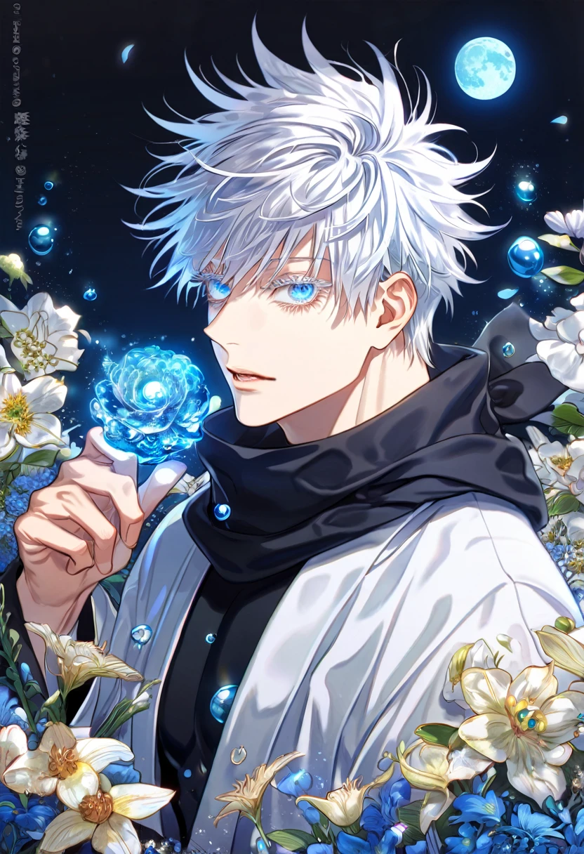 absurdres, highres, ultra detailed, HDR, master piece, Gojou Satoru, white hair, expressive blue eyes, white eyelashes, black scarf, black tight shirt, white haori, Jujutsu Kaisen, sexy man, handsome, best quality, blue moon, flowers, fantasy, magical, solo, water, blue shining fireflies, blue petals,