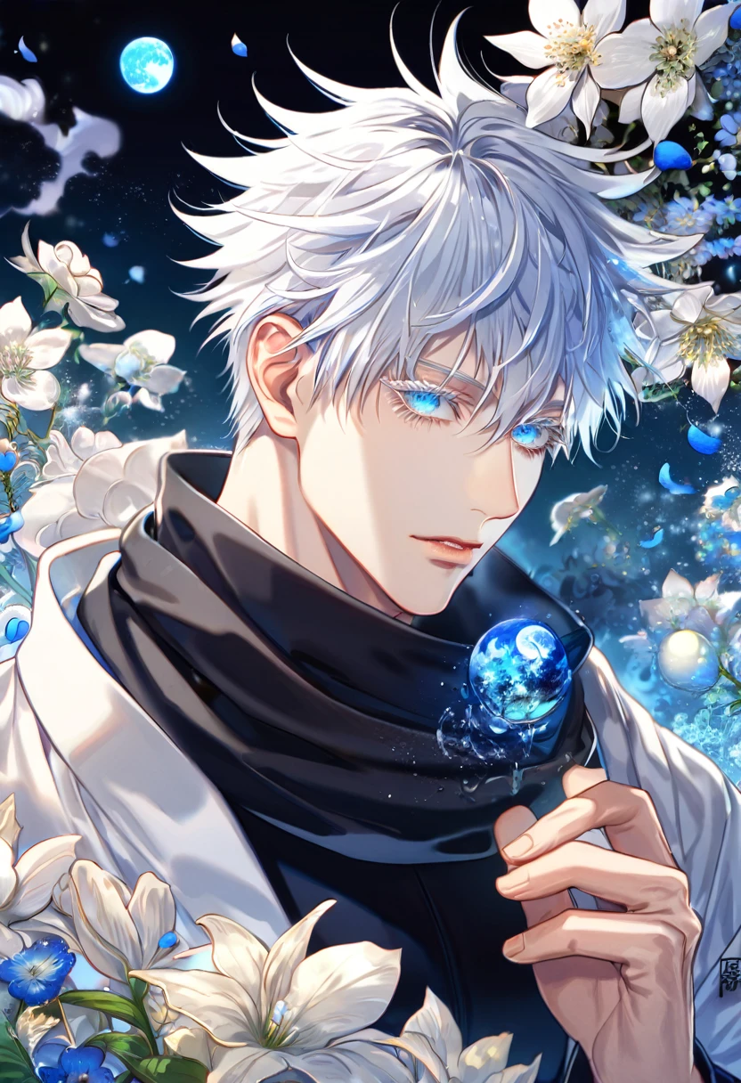 absurdres, highres, ultra detailed, HDR, master piece, Gojou Satoru, white hair, expressive blue eyes, white eyelashes, black scarf, black tight shirt, white haori, Jujutsu Kaisen, sexy man, handsome, best quality, blue moon, flowers, fantasy, magical, solo, water, blue shining fireflies, blue petals,