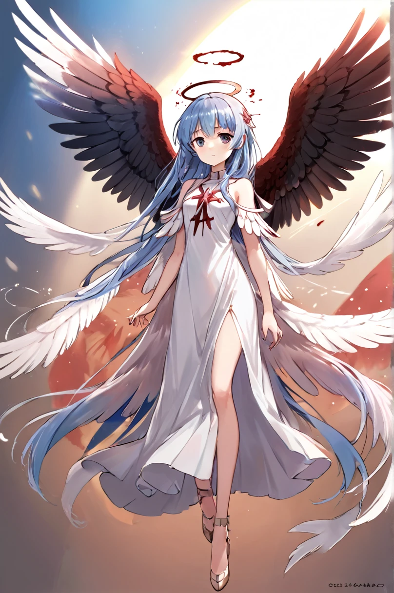 1girl,alternate wings,angel,angel and devil,angel wings,artist name,asymmetrical wings,bird wings,black wings,blood,blood on clothes,blue wings,brown wings,cross,detached wings,dove,dress,energy wings,feathered wings,feathers,fiery wings,full body,glowing wings,halo,harpy, Aoba suzukaze,large wings,long hair,low wings,mini wings,multicolored wings,multiple wings,pegasus,pink wings,single wing,solo,spread wings,transparent wings,very long hair,white dress,white feathers,white wings,winged arms,wings,