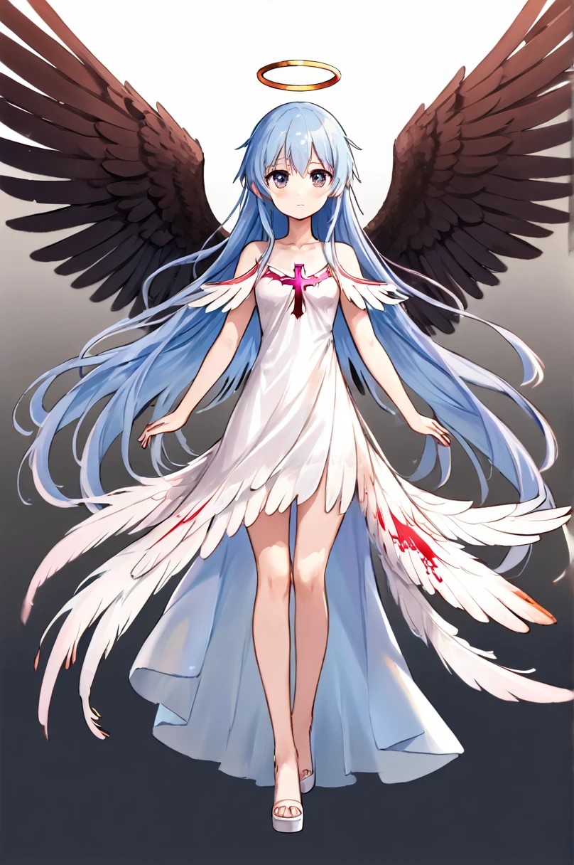 1girl,alternate wings,angel,angel and devil,angel wings,artist name,asymmetrical wings,bird wings,black wings,blood,blood on clothes,blue wings,brown wings,cross,detached wings,dove,dress,energy wings,feathered wings,feathers,fiery wings,full body,glowing wings,halo,harpy, Aoba suzukaze,large wings,long hair,low wings,mini wings,multicolored wings,multiple wings,pegasus,pink wings,single wing,solo,spread wings,transparent wings,very long hair,white dress,white feathers,white wings,winged arms,wings,