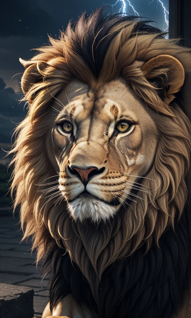 Lion, Divine Lion, majestic, appealing, fire, villany, thunder, Sky thunder, stele, photorrealistic 6K, Detailed UltraHD, detailed colors 8K, Lion Elegante, floor, stele, lightning strikes, heavens, céu GODlike, tempest, Towards the heavens, Detailed Realistic Lion, Photorealistic Lion, golden lion, 16k Ultra HD, heavenly, GODlike, photorrealistic, Rendering, 4K, 8K, detailed textures, detailed shadows, padoru, detailed colors, GOD'and the sky, UltraHD 16K Details, 16k texturas photorrealistics, detailed sharpness 16K, detailed sharpness, detailed colors, realistic shadows, ultra realistic textures, high power, natural beautiful, natural colors, realistic contrast, Texturas photorrealistics, detailed colors, lifelike colors, detailed shadows, luminous face, villany, Detailed face 4k, ultra detaild, realistic contrast de 8K, detailed sharpness, cores Ultra HD, posh,