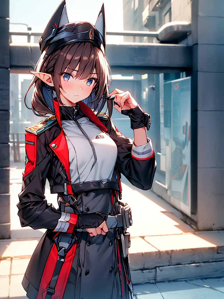 masterpiece, best quality, 8k, (highly detailed 3D rendering of a character named Ulc from SEGA's PSO2), elf-like female with pointed ears, (small gray woman's Garrison cap), (long straight dark red hair), (gray futuristic military-style uniform, including a fitted jacket with intricate white designs, shoulder epaulets, and a skirt), (annoyed, stupefied), (one hand near her ear as if she is communicating through a device), looking away, sunshine, (shiny skin)