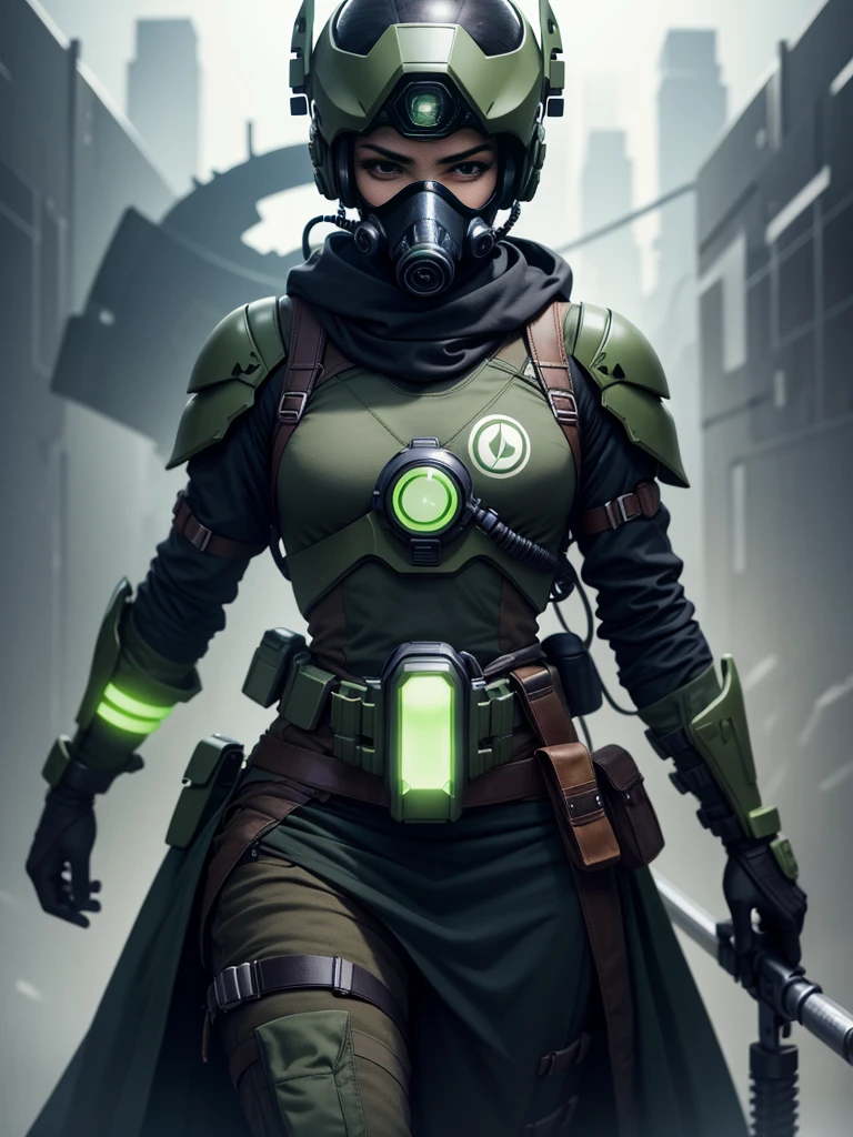 futuristic soldier, with toxic gas mask, with futuristic green armor, scythe.